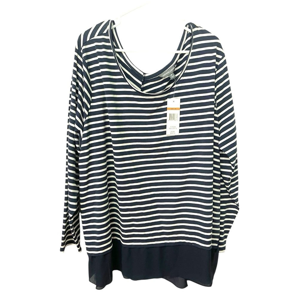 Alexander Jordan 3X Navy Striped Long‎ Sleeve Top Mixed Media Layered Nautical